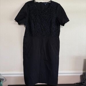Lands' End Sheath Dress Women 16T Black Floral Lace Short Sleeve Pockets Classic